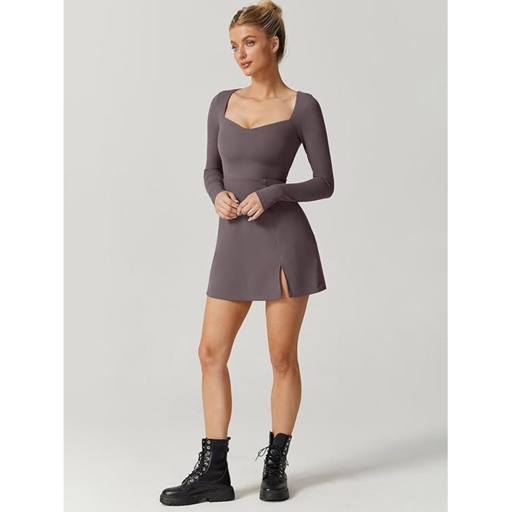 Qinsen Long Sleeve Sweetheart Neck Mini Dress with Side Slit Mauve Charcoal S